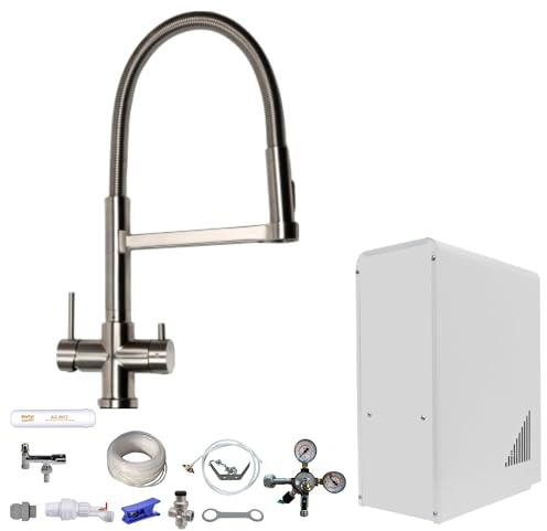 Tafelwasseranlage 10 L/h – BieTal® Wasserspender mit Sprudelwasserfunktion, Festwasseranschluss, gekühlt & still, 5-Wege Wasserhahn Spültischarmatur mit Brause, CO2-System, ideal für Büro & Gastro