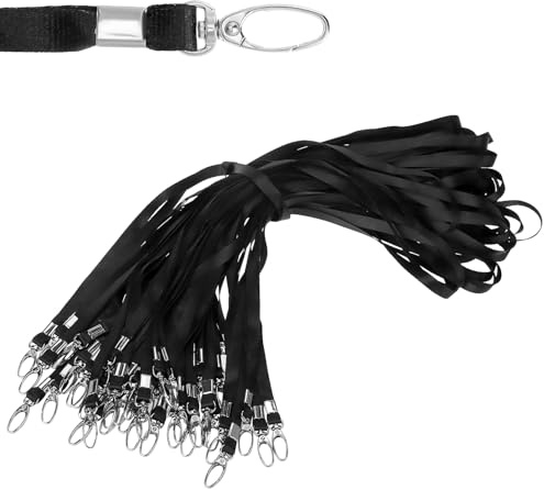 QWORK® Lot de 50 Cordons Tour de Cou Noirs avec Boucle Pivotante en Métal – Lanière Robuste pour Porte-Badge, Clés et Cartes d'Identité pour Entreprise, École et Événement