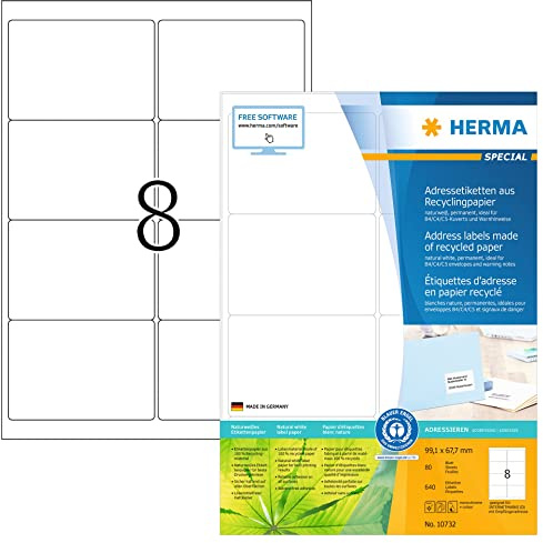 HERMA 10732 Recycling Etiketten, 1120 Blatt, 99,1 x 67,7 mm, 8 pro A4 Bogen, 8960 Stück, selbstklebend, bedruckbar, matt, blanko Recycling-Papier Klebeetiketten Aufkleber, natur-weiß