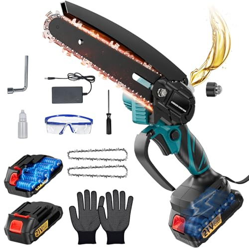 Mini Motosierra Bateria 2 x 4000mAh, Motosierra Eléctrica de 6 Pulgadas con Engrasador Automático y 2 Baterías de Gran Capacidad, Sierra Eléctrica para Cortar Madera y Podar Árboles