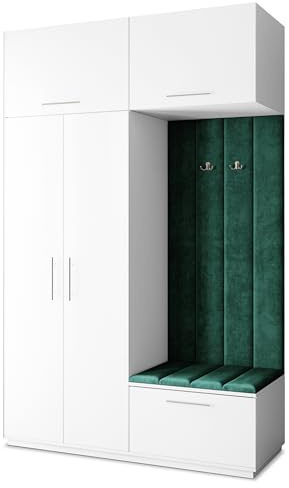 Masseno Flugarderoben Set Rema, Kleiderschrank-Set mit Sitzbank, Garderobenschrank Flur mit 5 Regalböden, Weiß