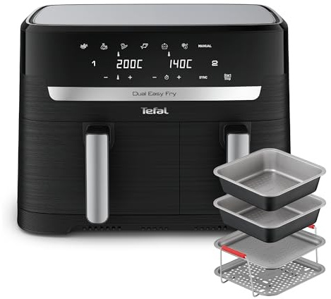 Tefal Easy Fry Dual Zone Digital Air Fryer, 2 Drawers, 8.3L, Black & Metal EY901840 + Tefal Air Fryer Accessory Set, 4 Piece, J701S444 - Black