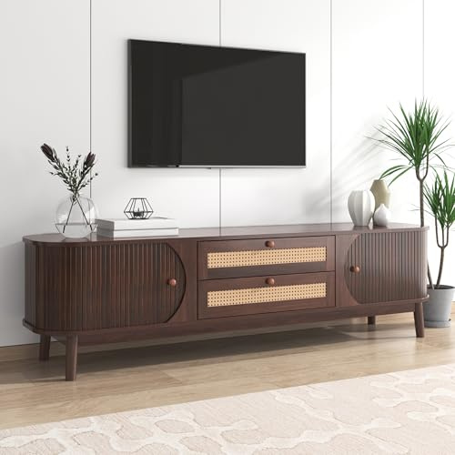 NuvlaGu TV Cabinet with Rattan Drawers & Sliding Door, 170 cm Walnut TV Stand with Storage Cabinets, Natural Wood Entertainment Unit in Rustic Country House Style for Living Room