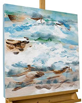 KunstLoft Leinwandbild | 100% HANDGEMALT | 60x60cm | Gemälde 'An der Côte d'Azur' | Meer | Blau Beige | Wandbild Wohnzimmer
