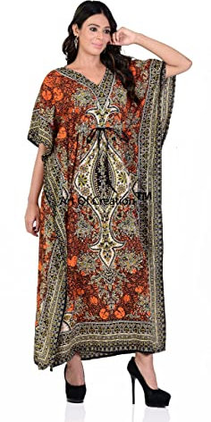 Art of Creation Women's Kaftan Dress Maxi Long Dress Night Gown Caftans Dresses 3/4 Sleeve Top Nightdress Plus Size Kaftans House Dresses Color-Orange
