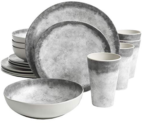Gibson Home Granite Organic Round Melamine Plastic Dinnerware Set, Service for Four (16pcs), Marble