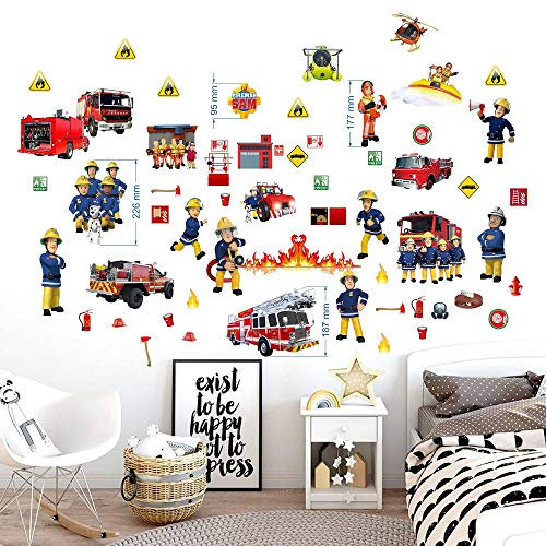 BOARA Wandaufkleber Fireman sam wandtattoo Wandbilder für Jungs 2 Blatt Feuerwehrmann Sam Pattern 750mmX 350mm