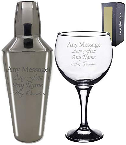 Personalised Engraved Cocktail Shaker with Strainer and Gin Balloon Glass, Perfect for Any Cocktail Lover, Great for Any Occasion