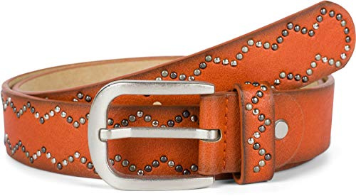 styleBREAKER Damen Kunstleder Nietengürtel Zacken Muster PU | 3,3 cm breit, Einfachdornschließe, individuell kürzbar auf gewünschte Länge, buntes Nieten-Detail auf ganzer Riemen-Länge.