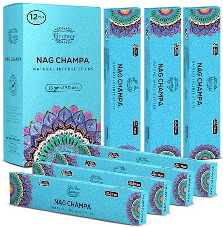 raajsee Nagchampa Natürlich Räucherstäbchen 15 g x 12 Packung, 100% Rein Organisch Handgerollt, Frei Von Chemikalien, Perfekt Für Die Kirche, Aromatherapie, Meditation, Positivität