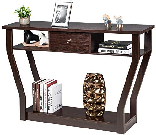 COSTWAY Table Console, Table d'Entrée, 120 x 30 x 81 cm, Dessus de Table Allongé, avec Tiroirs et Trois Compartiments de Rangement, Pieds de Table Courbés, pour Couloir, Salon, Entrée, Chambre, Marron