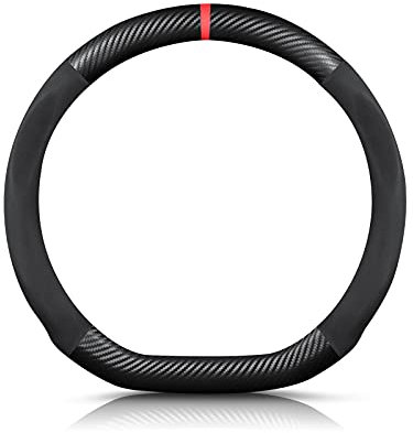 Ergocar D-förmiges Kohlefaser und Mikrofaser PU Leder Lenkradbezug Anti-Rutsch Atmungsaktiv lenkradhülle Schweißabsorbierend Sport Für Durchmesser 38cm(15)-Schwarz Rot