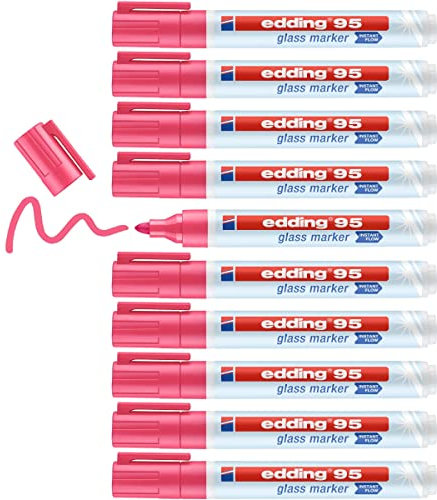 edding 95 glass marker - pink - 10 glass pens - round nib 1.5-3 mm - washable window marker pen - for writing and marking on glass surfaces, windows, glassboards, whiteboards - dry-wipeable