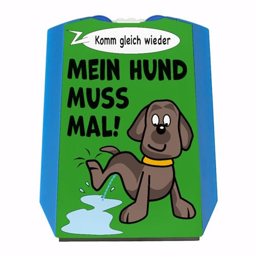 Hund muss mal! Parkscheibe in grün mit 2 Einkaufswagenchips mit pinkelndem Hund sowie Eiskratzer und Wasserabstreifer als lustiges Geschenk für Hundebesitzer