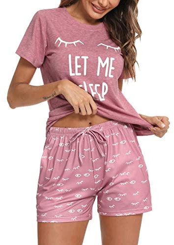 Uniexcosm Pyjama Coton Femme Court Ensemble de Pyjama Femme Ete Chat Col Rond Manches Courtes Vêtement de Nuit Femme Short avec Poches Latérales A-Rose L