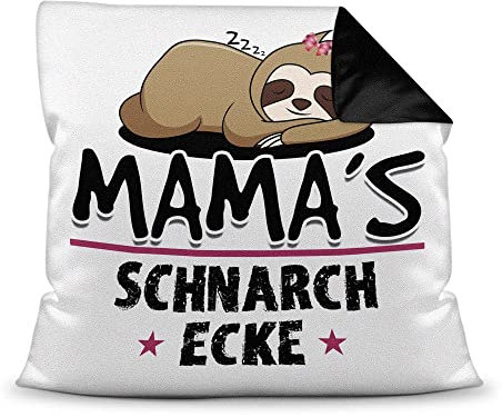 Schnarch-Kissen - mit Spruch für Mama - Mamas Schnarch-Ecke, Sabber-Kissen - Lustiges Muttertagsgeschenk, für die beste Mama, Geburtstag, Weihnachten - Farbkissen Rückseite Schwarz, 40x40 cm