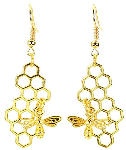 Bluebubble ENGLISH GARDEN Honey Bee and Honeycomb Dangle Earrings (Gold Plated - No Gift Box)