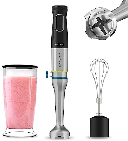 Cecotec Batidora de Mano Katana 12 Cream B. 1200 W, 21 Velocidades y Turbo, 4 Hojas con Titanio Negro, Campana antisalpicaduras, Pie extralargo, Vaso 800 ml