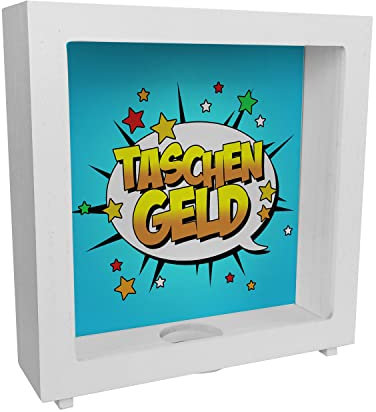 Taschengeld Rahmen Spardose aus Holz im coolen Comic-Look als Geschenkidee für Kinder und Teenager die sparen und Nicht Alles auf einmal ausgeben sollen