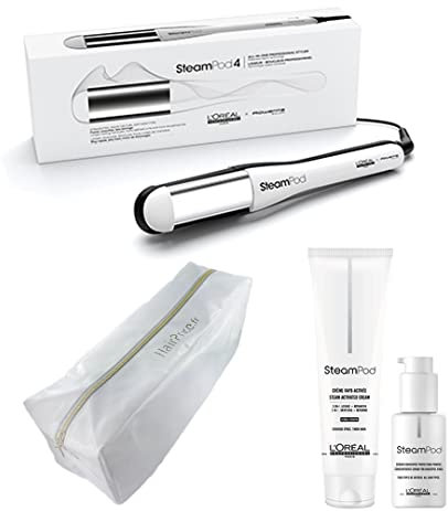 L'Oréal Professionnel - Glätteisen Steampod 4.0 Glätteisen + dicke Haarcreme, 150 ml + Glättserum 50 ml + Etui Weiß Glossy