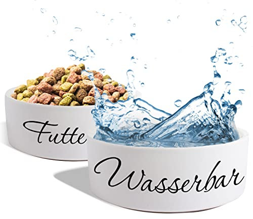Keramik Doppelnapf „Wunschtext 1-zeilig“ für Hunde & Katzen - personalisiertes Napf-Set mit/ohne Ständer| Hundenapf Futternapf Fressnapf | große kleine Vierbeiner Futterstation (2X 1300ml)