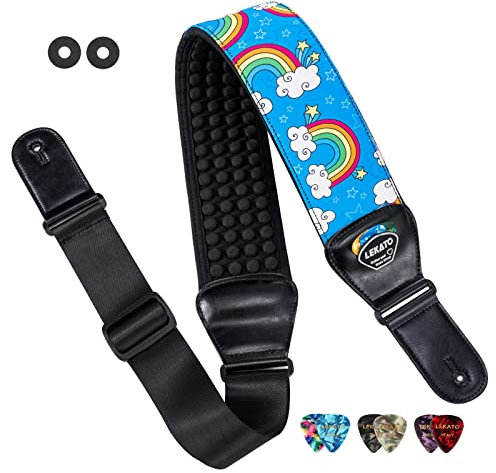 LEKATO Gitarrengurt, 3D Neopren Schaumpolster Bassgitarrengurt 3 Zoll Breite 114–139cm Länge, Verstellbarer Guitar Strap mit Lederenden für Bass und E-Gitarre - Karikatur