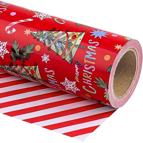 WRAPAHOLIC Wendbares Weihnachts-Geschenkpapier – Mini-Rolle – 43 cm x 90 cm – roter Weihnachtsbaum und Streifen-Design für Weihnachten, Urlaub, Party Feier
