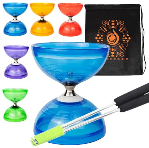 Jumbo Hurricane Pro Ensemble de diabolo à triple roulement avec bâtons en aluminium « métal », corde de diabolo et sac de transport en cascade (bleu avec baguettes argentées)