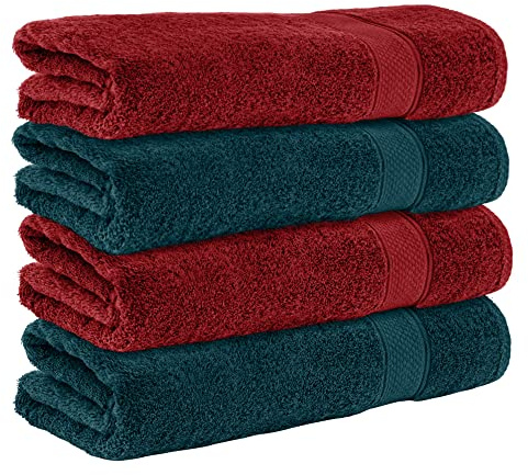 Komfortec 4er Duschtücher 70x140 cm Set aus 100% Baumwolle, 470g/m², Frottee, Weich, Petrol/Aurorarot