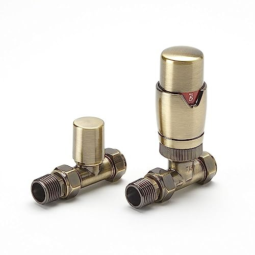 MILANO Gold Thermostatic Straight Towel Rail Radiator Valve Lockshield | Brass Construction. Fits Radiators & Towel Rails. Straight Valve Design. Contemporary Style. 1/2 Threads. Fits 15mm Pipes.