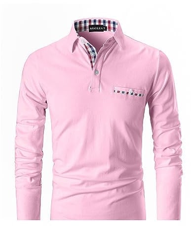 APAELEA Men's Long Sleeve Polo Shirt Casual Rugby Shirts with Plaid Down,Pink,XXL