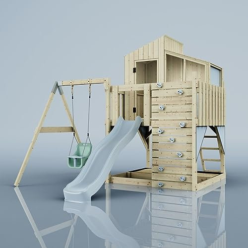 Rebo Spielturm mit Spielhaus inkl. Wellenrutsche und Baby-Schaukel | Outdoor Klettergerüst Garten | Kletterwand und Kletterleiter | Stabile Konstruktion, Weiches Gefühl in den Seilen