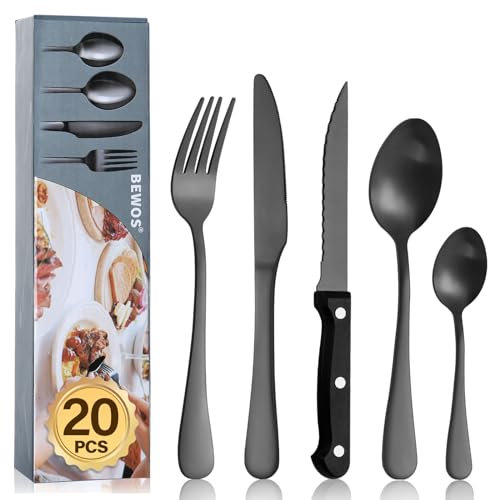 BEWOS 16-Piece Black Cutlery Set with 4 Triple Riveted Steak Knives, Stainless Steel Silverware Tableware Set for Kitchen, Mirror Polished Knives, Forks and Spoons Cutlery Set for 4, Dishwasher Safe