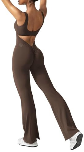 ZAAYO Damen Flared Jumpsuit Tight Scrunch Butt Overalls Lang Ärmelloser Sport rückenfrei Jumpsuit Yoga Bodycon Einteiler Ganzkörperanzug Stretch Elegant Jumpsuits Kaffee Small