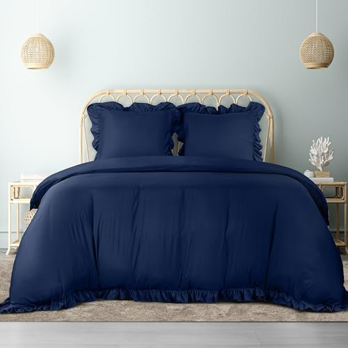 Utopia Bedding Rüsche Bettwäsche 200x200 Set - Mikrofaser Bettbezug 200x200 cm + 2 Kissenbezüge 80x80 cm - Marineblau