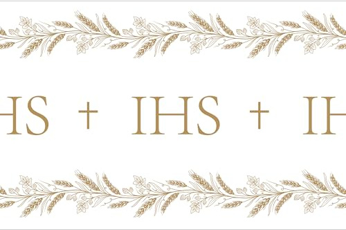 Tischläufer Vliesstoff 40cm x 5m mit IHS Motiv - Deko Vlies Tischband für kirchliche Feiertage - christliche Tischdekoration Hochzeit Weihnachten Ostern Taufe Kommunion - Weiß Gold
