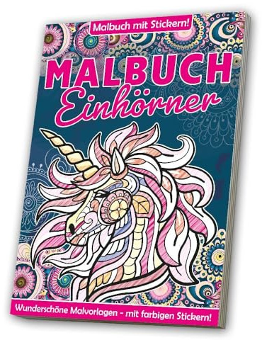 Malbuch: Erwachsene - Fantasiewelt / Einhörner & Fabelwesen: 32 Seiten + 1 Stickerbogen in der Buchmitte
