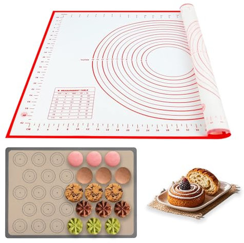 Silikonmatte Backmatte Groß 70 × 50 cm, Macarons Backmatte Silikon 42 × 29.5 cm, Antihafte Backmatte Silikon Rutschfeste Teigmatte mit Messung für Fondant Pizza Brot Macarons BPA Frei