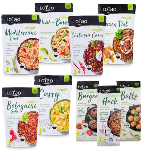 LOTAO Vegane Fertiggerichte - Kennenlern Box: 9 BIO-Gerichte ohne Zusätze + Soja | Fertigessen für Mikrowelle | Vegane Lebensmittel Geschenkbox