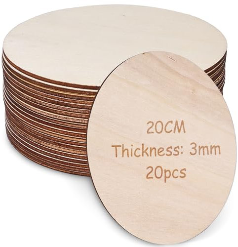 Lot de 20 rondelles en bois de 3 mm d'épaisseur - Diamètre : 20 cm - Bois naturel non traité - Panneaux de contreplaqué ronds pour décoration, artisanat, peinture, bricolage