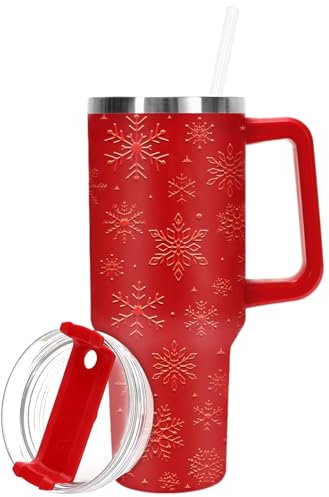 JarThenaAMCS Weihnachtsbecher mit Deckel und Strohhalm, 1,2 l, 5D rote Schneeflocke, Becher mit Griff, Weihnachten, Winter, Edelstahlbecher für Zuhause, Büro, Reisen