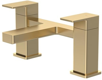 Balterley Bath Filler Tap, Deck Mounted Bathroom Tap Mixer Filler with Dual Lever Handles, Square Body Bathroom Taps, Flat Square Spout Waterfall Bath Mixer Taps - 228 x 152 x 120 mm (Brushed Brass)
