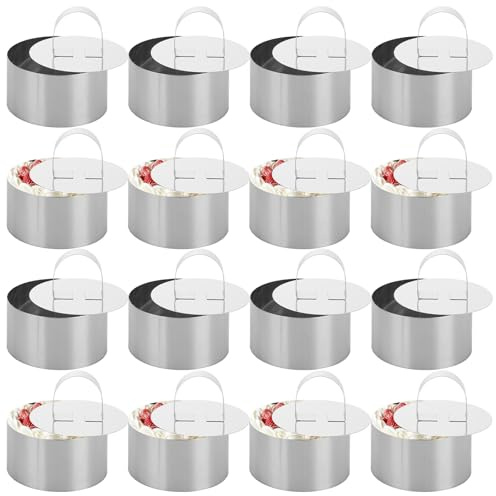 Oungy 16PCS 8cm Cooking Rings, 4cm Height Stainless Steel Crumpet Rings, Round Cake Rings Mini Cooking Rings with Food Press, Non-Stick Mousse Ring Round Food Rings for Cooking Eggs Desserts