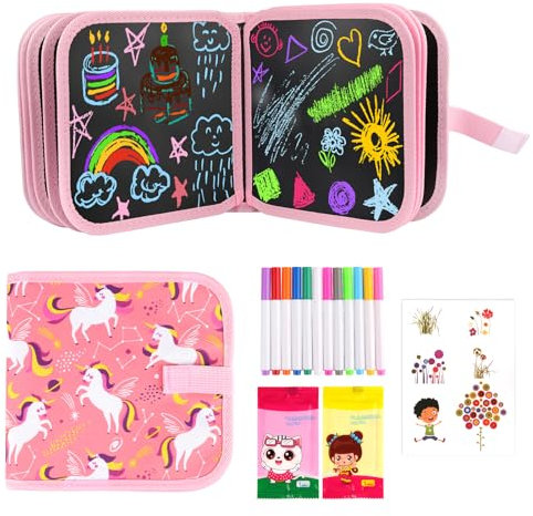 Funtery Abwischbares Malbuch für Kinder mit 12 Farbstifte, Spielzeug ab 3 4 5 6 Jahre Kinder Malset Geschenk Mädchen Junge Wiederverwenderbar Graffiti Zeichenbrett Tragbar Graffiti Buch(Rosa)