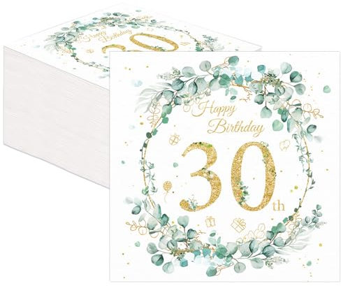 80 Stück Servietten 30. Geburtstag, 30 Happy Birthday Servietten, Salbei Grün Servietten, für Mann Frau Mädchen Geburtstag Party Dek