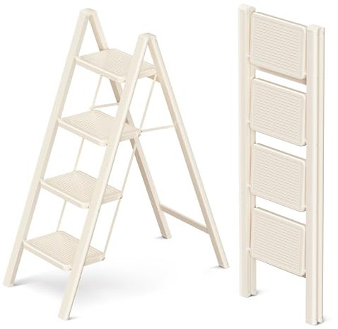 GameGem Escabel de 4 Peldaños para Adultos, Escalera Plegable con Base Antideslizante, Peldaños Ampliados, Diseño Estético Que se Integra Perfectamente en Interiores Domésticos