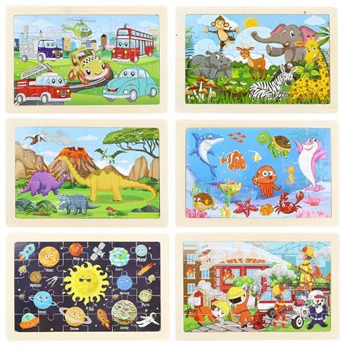 SJkeji kinderpuzzle geeignet für Kinder ab 3, 4, 5, 6 Jahren und älter, 6x30 Teile Holzpuzzle, Dinosaurier, Tiere, Feuerwehr, Meer, Weltraum, Fahrzeuge, pädagogisches Spielzeug für Vorschulkinder, Ges