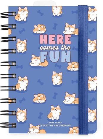 Legami - Spiral-Tageskalender Small 2026, Corgi, 12 Monate, klein, Verschluss mit Gummiband, Tagebuch von Januar 2026 bis Dezember 2026, aus FSC-zertifiziertem Papier, 8,5 x 13 cm