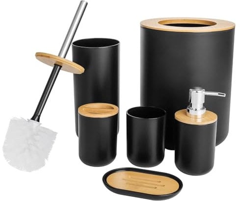 Bathroom Accessories Set - 6-piece Modern White Bathroom Accessories Set - Includes Trash Can Toilet Brush Toothbrush Holder Soap Dispenser Soap Dish and Mouthwash Cup (Black)