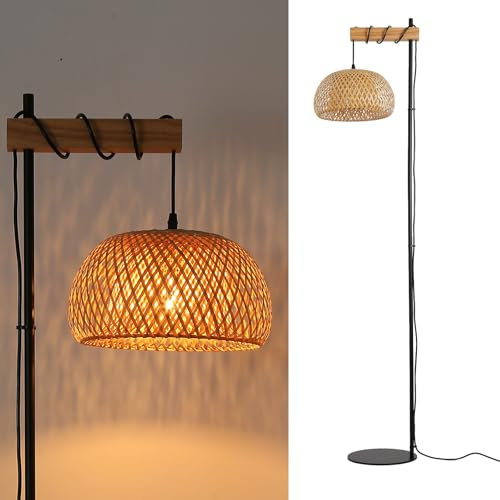 Alpinaluz Lampadaire avec abat-jour en osier naturel fabriqué à la main - Structure noire et bois, base ultra fine, interrupteur à pied - Style bohème moderne, hauteur 157 cm, E27
